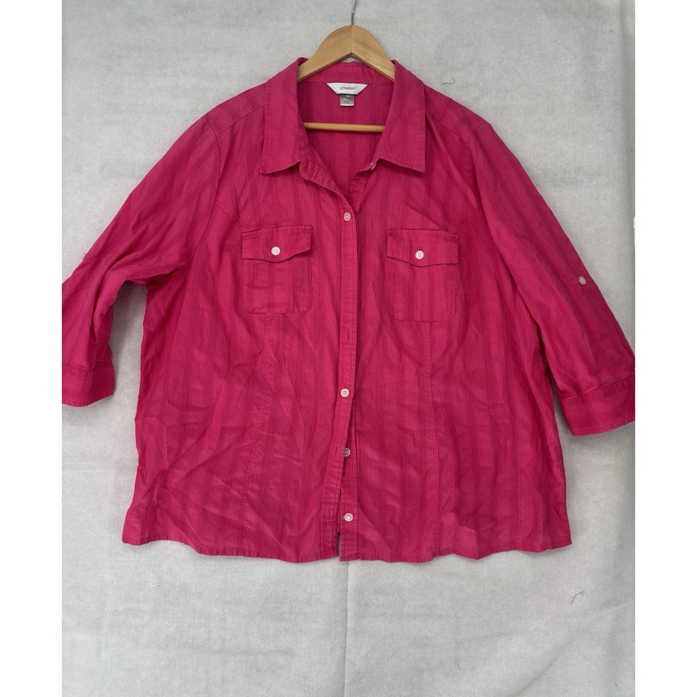 CJ Banks Womens Blouse 2X Pink Button Up Pockets 3/4 Sleeve Cotton Camp Shirt